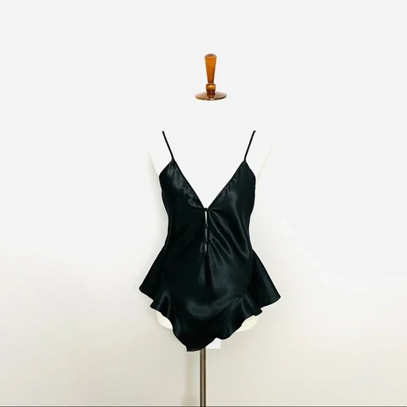 Vintage Victorias Secret Nighty Body Suit Silky Plunge Covered Button Black - Picture 2 of 15